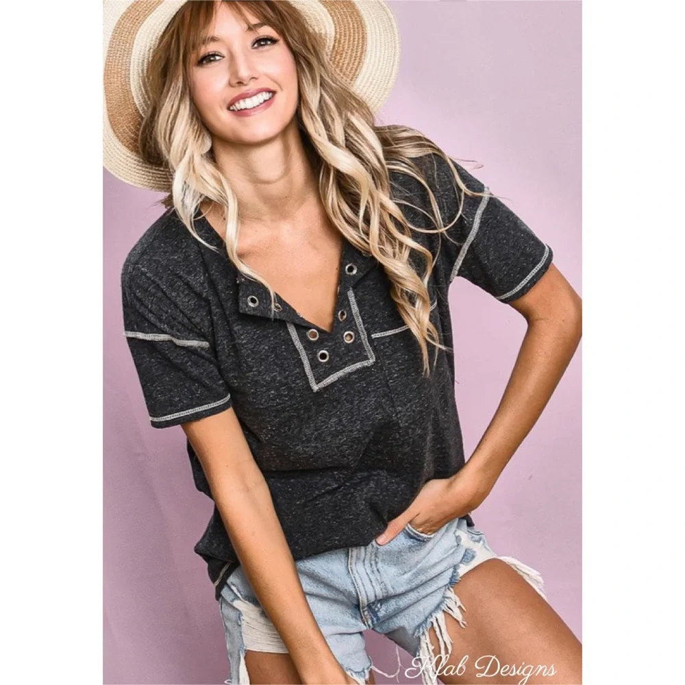 ❤️LAST 1! Super Soft Eyelet Detail Charcoal Henley Top! - Picture 2 of 11